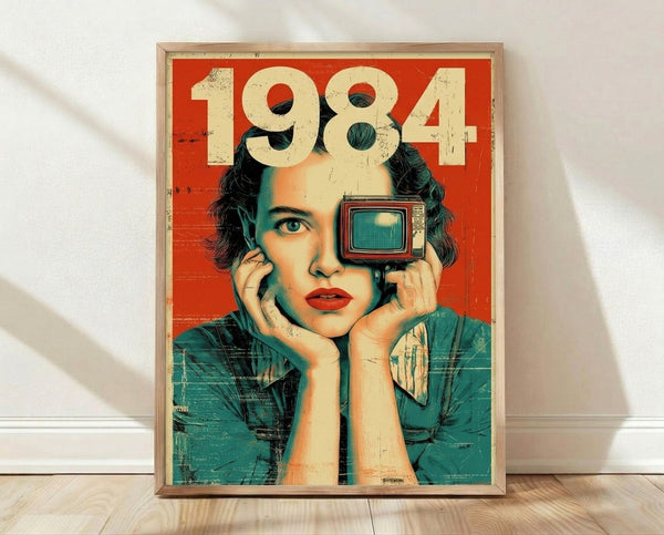 Retro futurism art print featuring a woman's face in bold pop art style with red, teal, and cream colors, surrounded by vintage numbers and television imagery in a dystopian aesthetic.