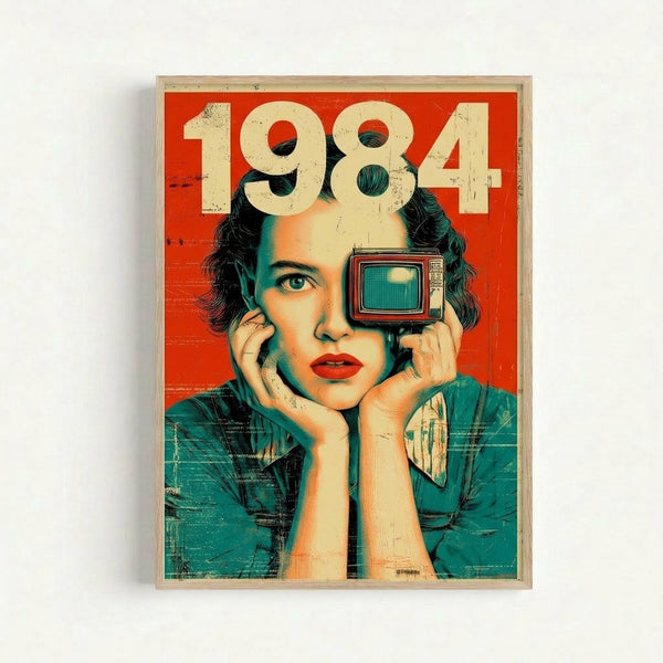 Framed vintage-style poster with surreal retro futurism design showing a woman amid numerical elements and TV motifs in dark orange, black, and teal tones.