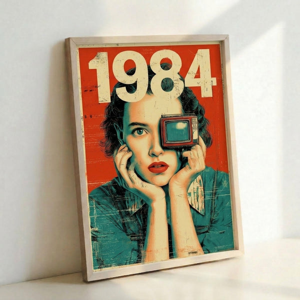 Bold pop art print in nostalgic 1980s retro futurism style depicting a woman with television and number imagery, rendered in striking red and cream against dark backgrounds.