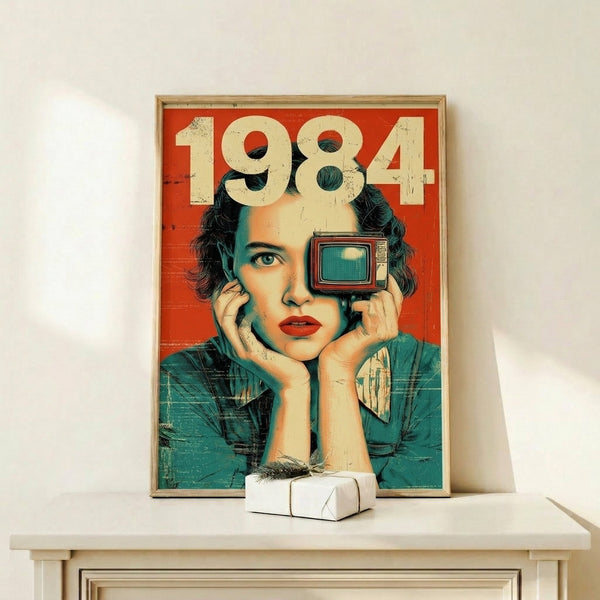 Dystopian retro futurism wall art featuring a stylized woman's portrait in vintage propaganda poster aesthetic, combining teal, orange, and black color palette.