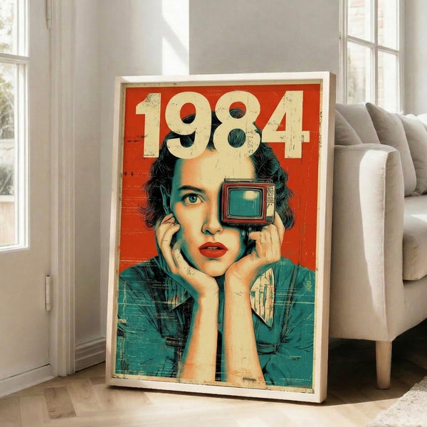 Vintage-inspired art print with surreal retro futurism composition of a woman figure amid numerical and television elements in rich cream, red, and teal hues.