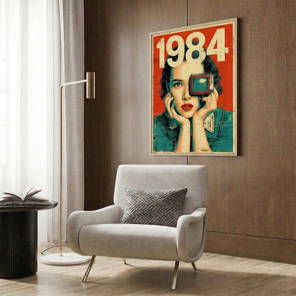 Framed pop art poster in retro futurism style showcasing a woman with abstract numbers and TV imagery in a dark academia-influenced color scheme of orange and black.