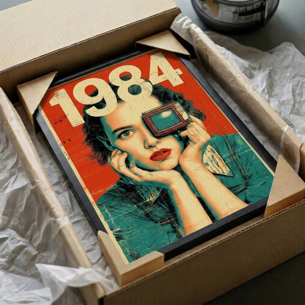 Nostalgic retro futurism artwork displayed as a framed print, featuring a woman in bold pop art style surrounded by vintage television and numerical symbols in teal and cream tones.