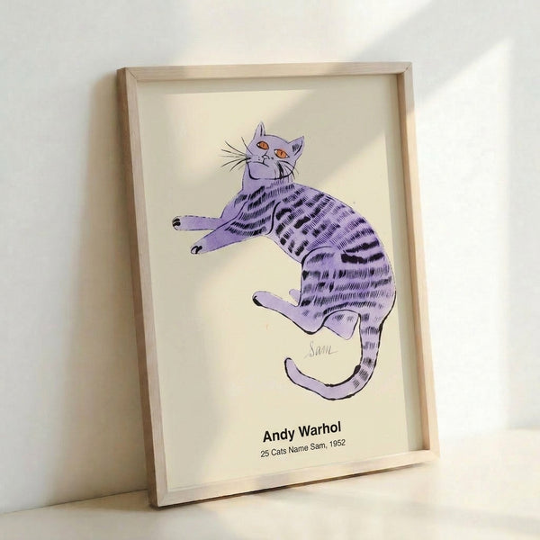 Modern pop art poster showcasing multiple cats rendered in black outlines with bright red, blue, and yellow accents in a minimalist composition.