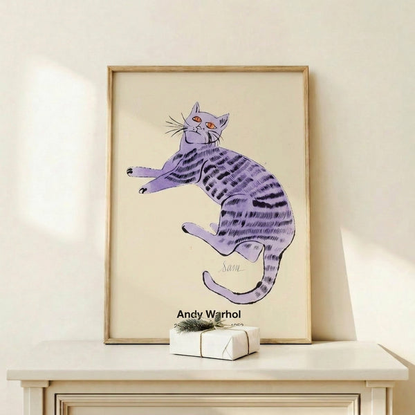 Framed pop art print of 25 cats in an intimate, playful style using bold primary colors and clean graphic lines on a white background.
