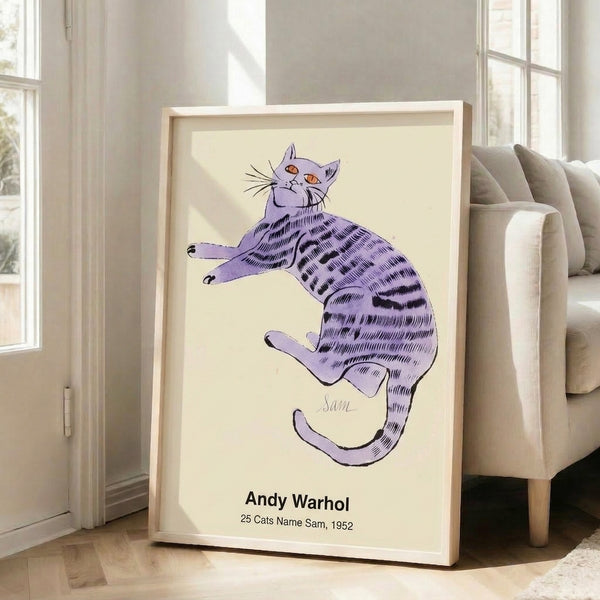 Contemporary cat-themed poster art in pop style with black, white, red, blue, and yellow palette creating a whimsical, lighthearted mood.