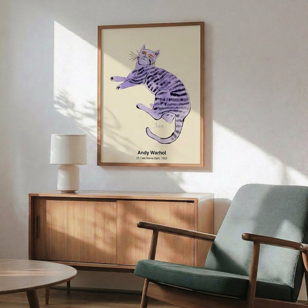 Pop art wall poster featuring stylized feline subjects in minimalist design with striking primary color palette and modern aesthetic.
