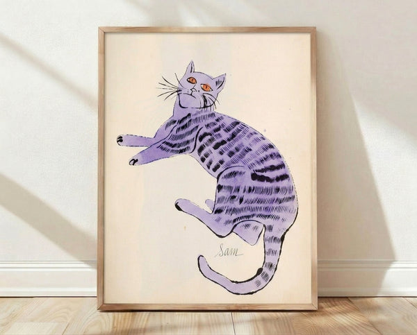 Pop art poster featuring 25 colorful cat portraits in a grid layout, inspired by Warhol's iconic style with vibrant hues and bold graphic elements.