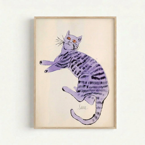 Framed wall art displaying multiple cat faces in pop art style with bright, contrasting colors and repetitive composition reminiscent of contemporary graphic design.