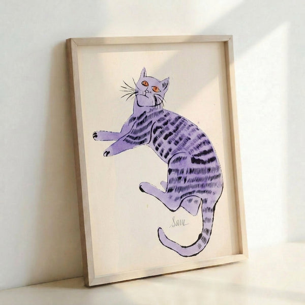 Contemporary pop art print showcasing numerous feline subjects arranged in grid format with vivid colors and high-contrast silkscreen aesthetic.