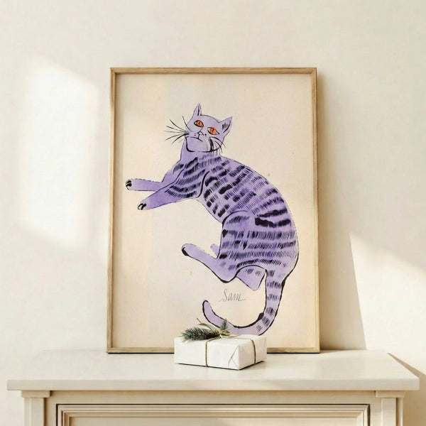 Colorful grid of stylized cat portraits in bold pop art manner, featuring bright color blocking and graphic line work typical of modern art poster design.