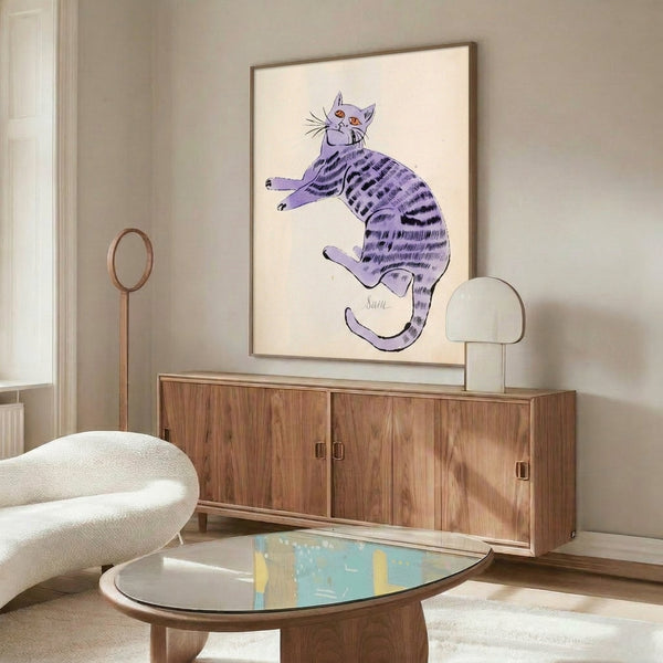 Framed modern art print with multiple cat subjects rendered in vibrant pop art style using bold outlines and saturated color palette.