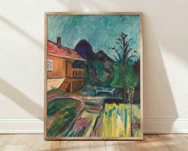 Framed Edvard Munch poster depicting a moody summer night scene at Asgardstrand with deep blues and greens, featuring silhouetted figures by the water under a dramatic twilight sky.