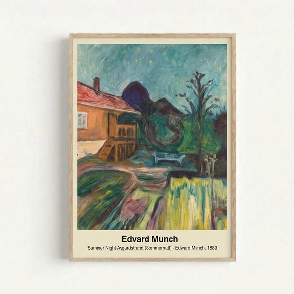 Dark, atmospheric art print in the style of Edvard Munch showing a nocturnal seaside landscape with muted tones and expressive brushwork, evoking a quiet, contemplative mood.