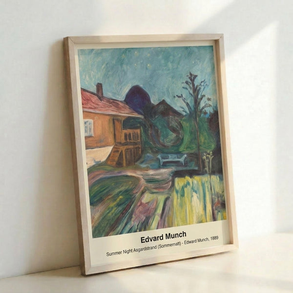 Vintage-style poster of Munch's Summer Night at Asgardstrand with brooding color palette of indigo, forest green, and shadow tones creating an introspective nighttime garden scene.