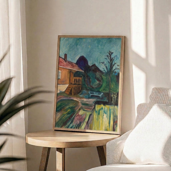 Framed fine art print of Edvard Munch's evocative night scene at Asgardstrand, rendered in cool, shadowy hues with an introspective, melancholic atmosphere.