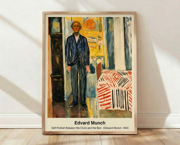 Framed expressionist self-portrait featuring a faceless figure positioned between a clock and bed, rendered in dark earthy tones with angular brushwork conveying introspection and melancholy.