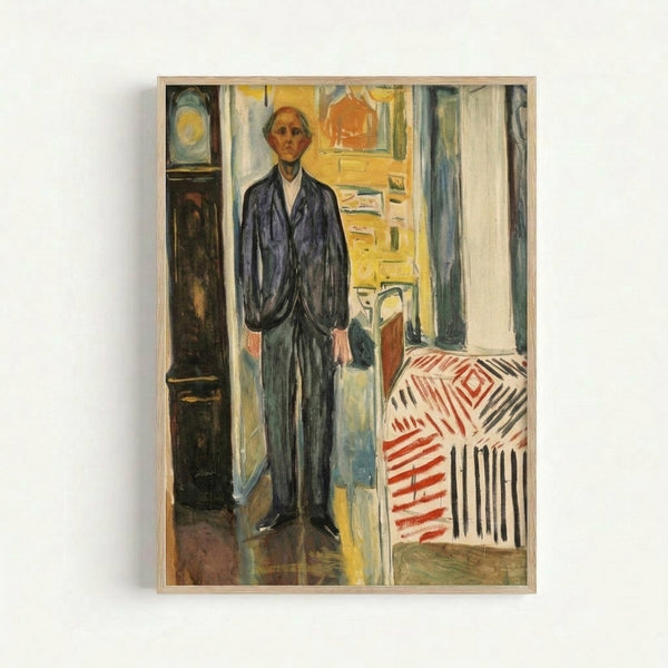 Dark expressionist artwork on a framed wall showing an abstracted human form amid symbolic objects including a clock and bed, evoking psychological unease through muted color palette.