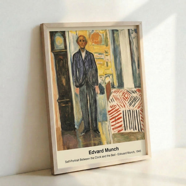 Moody expressionist portrait print displaying a shadowy figure between clock and bed elements, painted in somber browns and blacks with gestural marks suggesting emotional depth.