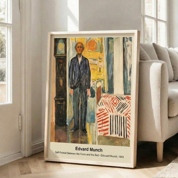 Framed modern art print of an expressionist composition featuring a faceless form surrounded by time and rest symbols, created in dark atmospheric tones with raw, energetic brushwork.