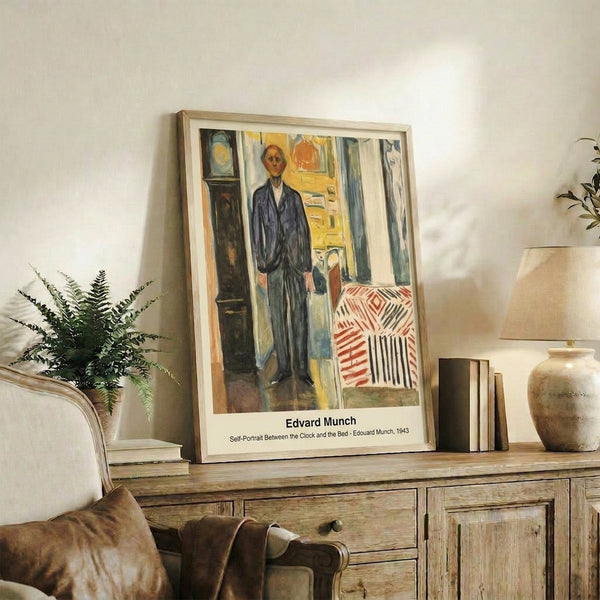Contemporary expressionist wall art depicting an abstract figure positioned with a clock and bed in a psychological interior scene, rendered in dark muted hues with haunting mood.