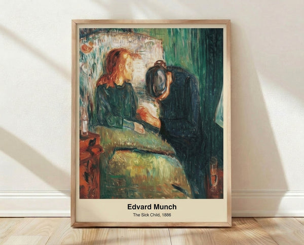 Edvard Munch's The Sick Child framed poster: expressionist portrait in muted greens and grays showing a contemplative figure, evoking melancholy and introspection.