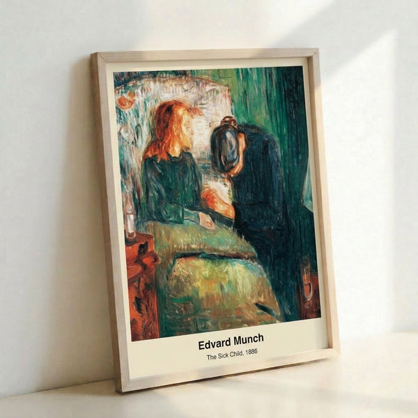 The Sick Child poster print displayed on wall: Munch's haunting expressionist work with muted sage and gray palette, conveying emotional vulnerability.