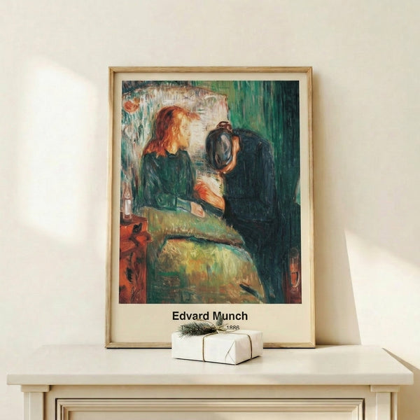 Munch's The Sick Child in framed poster form: moody expressionist artwork with soft, muted colors and a contemplative psychological atmosphere.