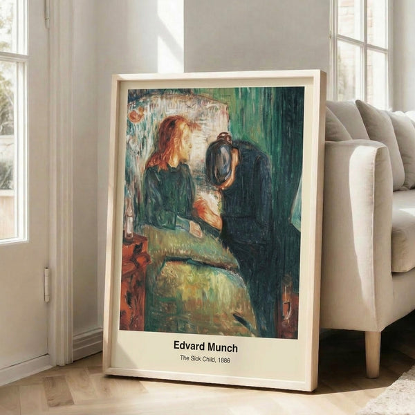 Vintage-style framed poster of The Sick Child: Munch's expressionist masterpiece rendered in quiet greens and grays, evoking introspection and melancholy.