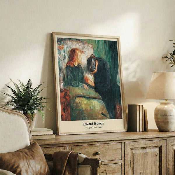 The Sick Child wall art print showing Munch's iconic expressionist portrait in subdued, earthy tones with an intimate, vulnerable emotional quality.