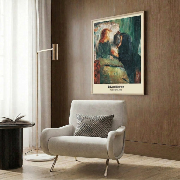Framed expressionist poster of Munch's The Sick Child: soft desaturated palette and psychological intensity create a mood of quiet contemplation and depth.