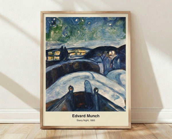 Expressionist painting of a swirling night sky with bright stars and crescent moon over a dark landscape, featuring bold curved brushstrokes in blues, yellows, and greens.