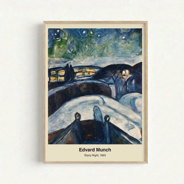 Framed art print depicting an emotional nocturnal scene with dynamic spiral patterns in the sky, rendered in vibrant expressionist style with moody atmospheric tones.