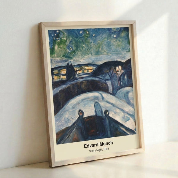 Night landscape poster showcasing a turbulent starlit sky with flowing, undulating forms in deep blues and luminous yellows, characteristic of early 20th century expressionism.
