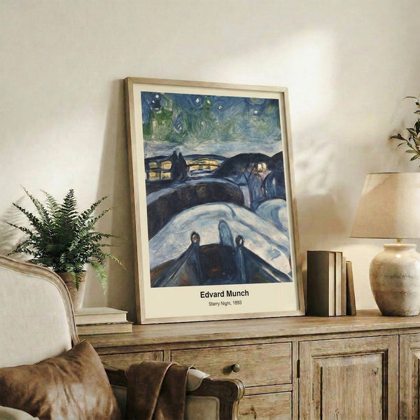 Wall-mounted art print capturing a turbulent evening landscape where the sky dominates with spiraling, dreamlike movements and glowing celestial bodies.