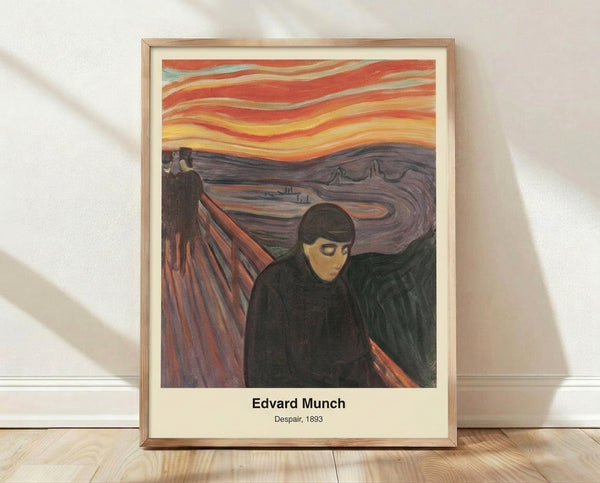 Expressionist dark art poster featuring a distressed figure in deep blues and blacks, capturing raw anxiety and psychological turmoil in the style of Edvard Munch's 1893 work.