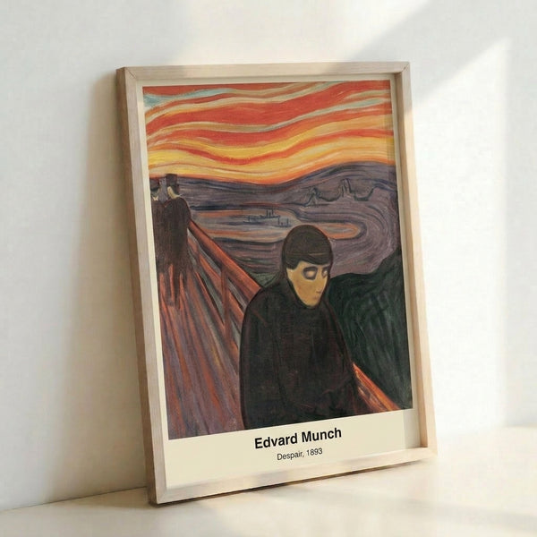 Contemporary wall art displaying a haunting figure rendered in moody indigos and charcoals, embodying psychological anguish characteristic of early 20th century expressionism.