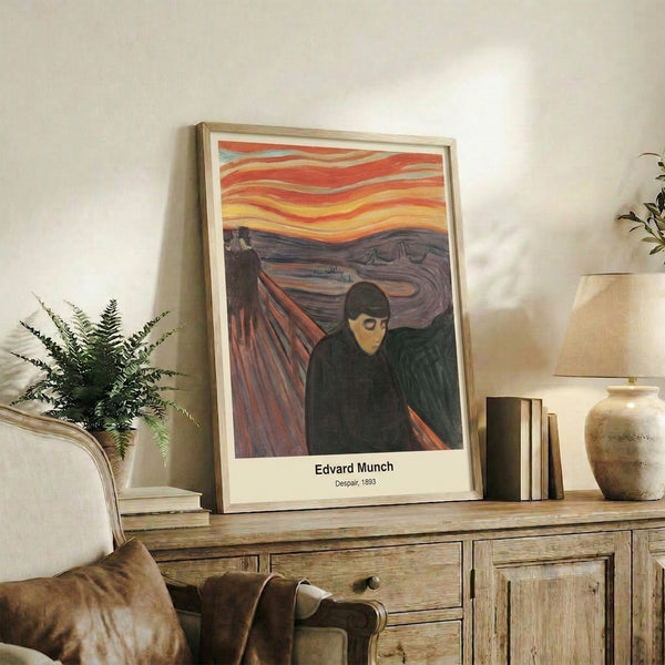 Anxiety-themed art print in cool, dramatic tones showing a solitary figure captured mid-distress, exemplifying the raw emotional power of expressionist movement.