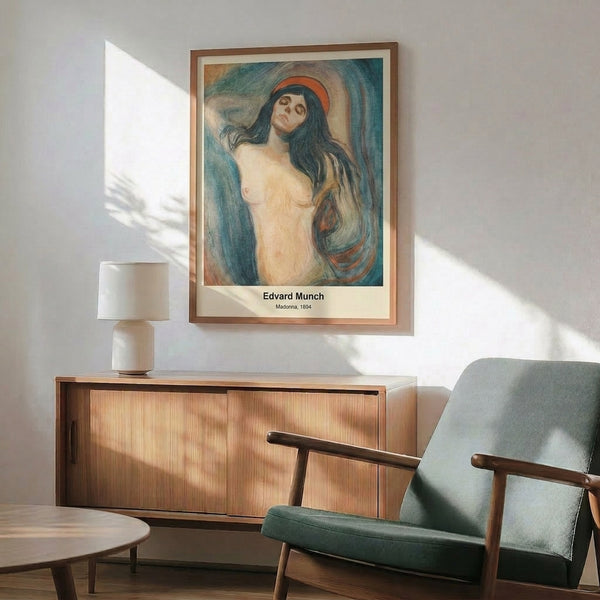 Framed poster presenting an abstract portrait with striking halo imagery in vintage earth tones and deep blues, conveying spiritual and introspective themes.