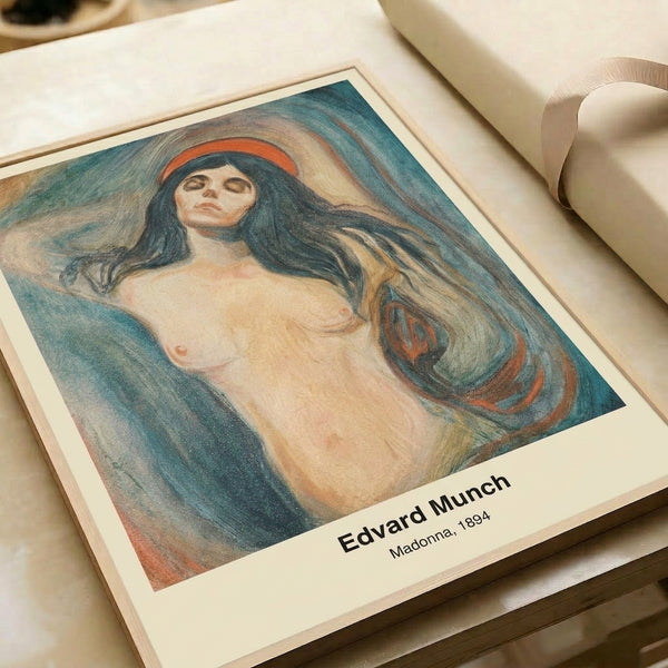Retro-inspired art print of a faceless figure with a glowing halo rendered in soft sepia, indigo, and neutral tones, evoking vintage modernist aesthetics.