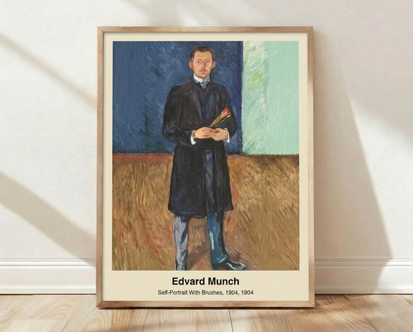 Edvard Munch self-portrait from 1904 showing the artist holding brushes, rendered in expressive brushstrokes with muted earth tones and dramatic shadows.