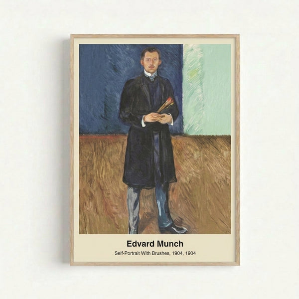 Framed art print of Munch's 1904 self-portrait depicting the painter with tools in hand, characterized by bold gestural marks and a contemplative mood.
