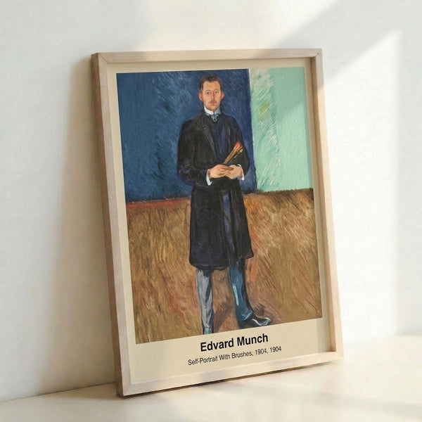 1904 Munch self-portrait artwork featuring the artist with brushes, painted in an Expressionist style using warm ochres and deep browns against shadowed tones.