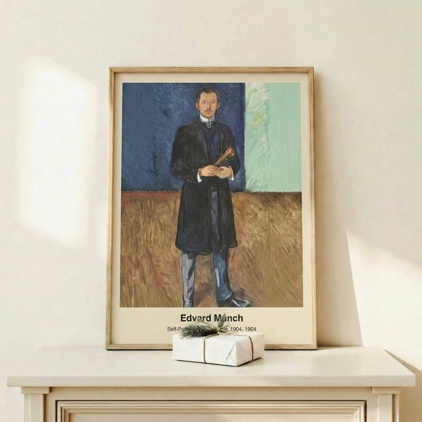Wall art showing Edvard Munch's introspective self-portrait with brushes, executed in loose expressive strokes with a palette of rust, cream, and dark tones.