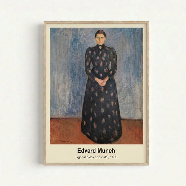 Antique-style framed art print depicting an abstracted portrait figure dressed in dark clothing against a violet-tinged background, characteristic of 1890s expressionist portraiture.