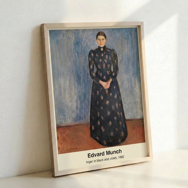Framed modernist portrait artwork featuring a shadowed figure in black and violet hues with an enigmatic, introspective mood suitable for sophisticated interior decor.