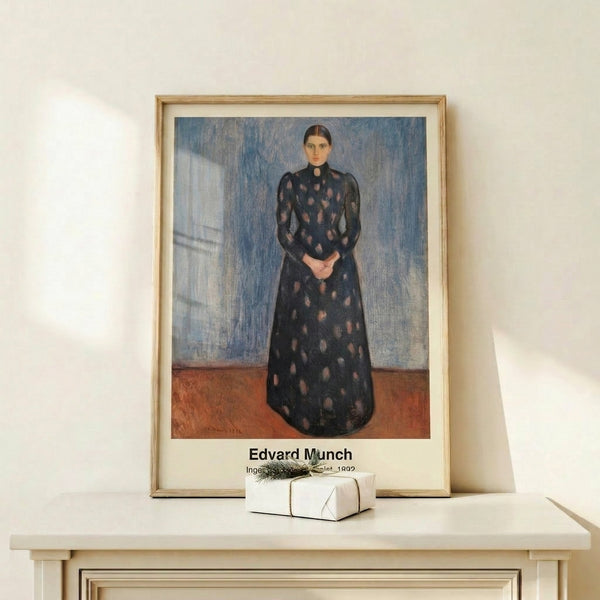 Art print in muted blacks and violets showing a stylized portrait with minimal facial detail, evoking early expressionist painting techniques and melancholic atmosphere.