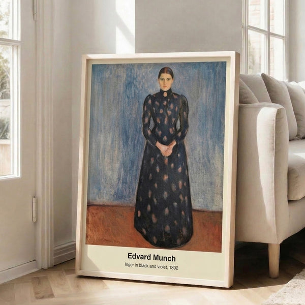 Framed faceless portrait print rendered in deep black and violet tones with loose brushwork, capturing a mood of quiet introspection in minimalist portraiture style.
