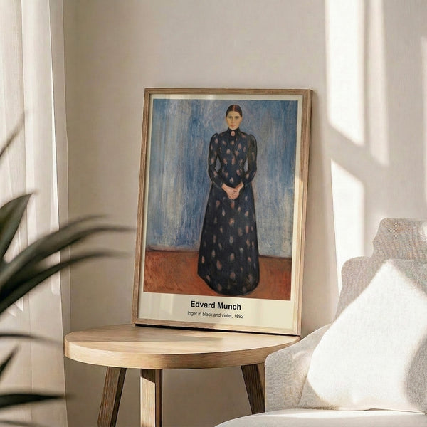 Moody framed portrait print in black and violet palette showing an indistinct figure in contemplative pose, executed in soft, expressive brushwork typical of early modern art.