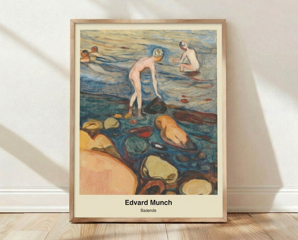 Framed art print of Badende by Edvard Munch, depicting bathers at a beach in soft watercolor tones of blue, green, and cream.